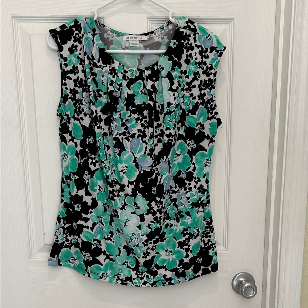 Liz Claiborne Green and Black Floral Blouse